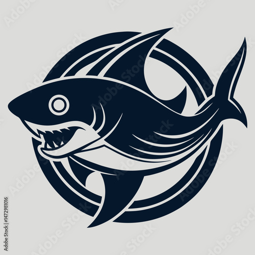 Marine Predator: A stylized illustration showcases a formidable shark, its sharp teeth bared within a circular frame, representing marine life and aquatic ecosystems.