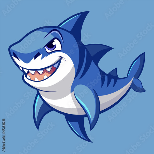 Smiling Shark in the Sea: An illustration of a cheerful and toothy shark with a big smile swims in a blue water. The image is vibrant and full of playful energy.