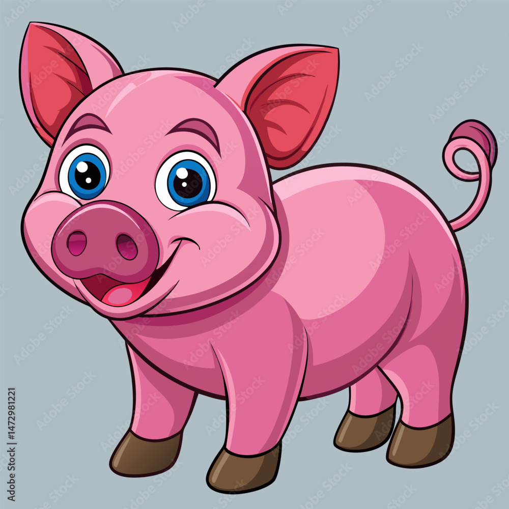 Fototapeta premium Pink Piglet's Grin: A cartoon piglet, radiates a playful smile, its round eyes twinkling with mischief.