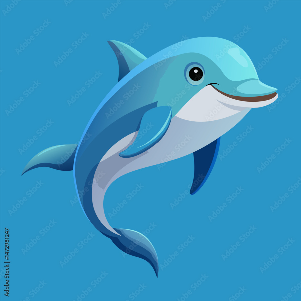 Fototapeta premium Joyful Dolphin in the Deep Blue: A captivating cartoon illustration of a playful dolphin gracefully swimming against a vibrant blue backdrop, inviting us to explore the wonders of the ocean.