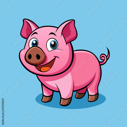 Happy Pig Cartoon: A cheerful pink piglet, with bright eyes and a wide smile, stands against a light blue background.  This adorable cartoon illustration is perfect for children's books, websites.