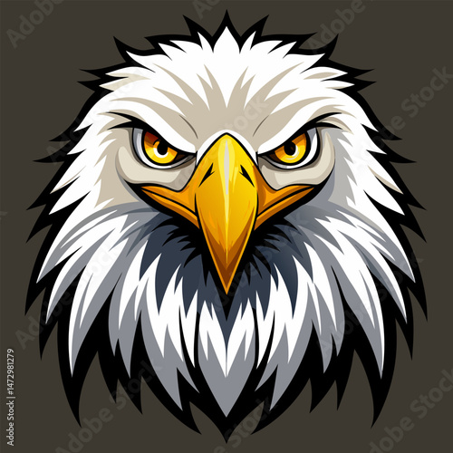 Majestic Eagle's Gaze: A detailed illustration of a bald eagle's face, showcasing its piercing yellow eyes, sharp beak, and stark white and brown feathers, symbolizing strength, freedom, and courage.