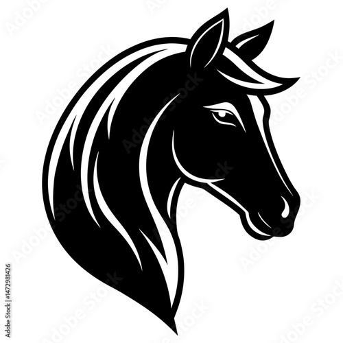 Majestic Stallion Silhouette: A striking monochrome portrayal of a horse's elegant head and neck, exuding strength and grace. The flowing mane adds to the regal feel.