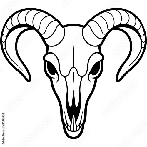 Symbolic Ram Skull: A stark, minimalist depiction of a ram skull, rendered in stark black lines, conveying strength, resilience, and the passage of time.