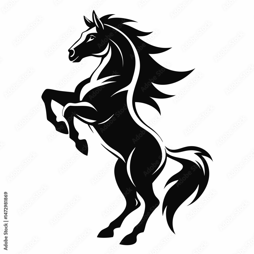 Obraz premium Majestic Black Stallion Silhouette: A powerful black stallion rears up in a dynamic pose, its silhouette creating a strong visual impact, evoking a sense of strength, freedom, and untamed spirit.