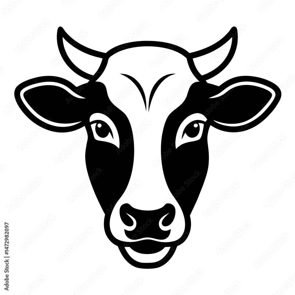 custom made wallpaper toronto digitalBlack and White Dairy Cow: A stylized, graphic portrayal of a dairy cow's head, featuring a bold black and white design with expressive eyes and curved horns, embodying simplicity.