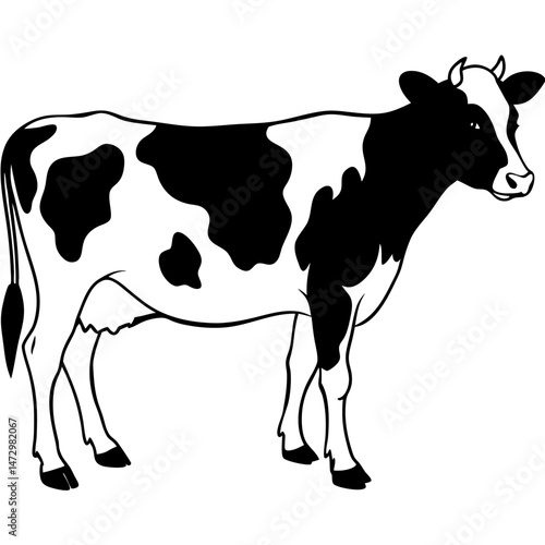 Black and White Cow Silhouette: A simple yet elegant silhouette of a black and white cow, a classic image representing rural life, dairy farming, and livestock.  