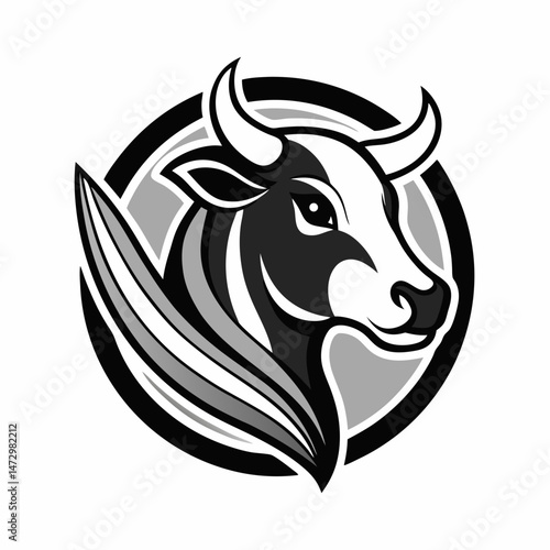 Bull Logo Design: A stylized logo design of a strong bull head with horns, set against a circular backdrop, showcasing power and brand identity.