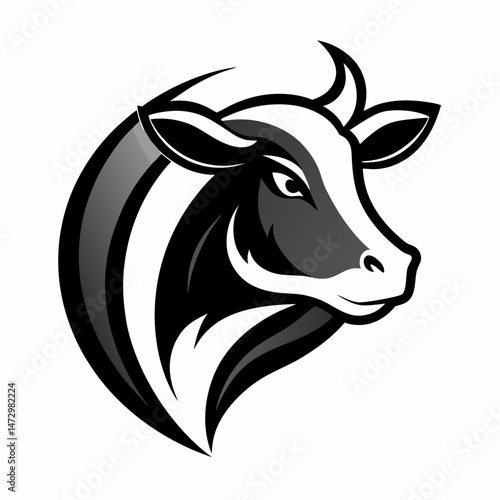 Cow emblem illustration: A bold black and white cow illustration showcasing a strong and clean graphic. Perfect for brands looking for a trustworthy and simple emblem.