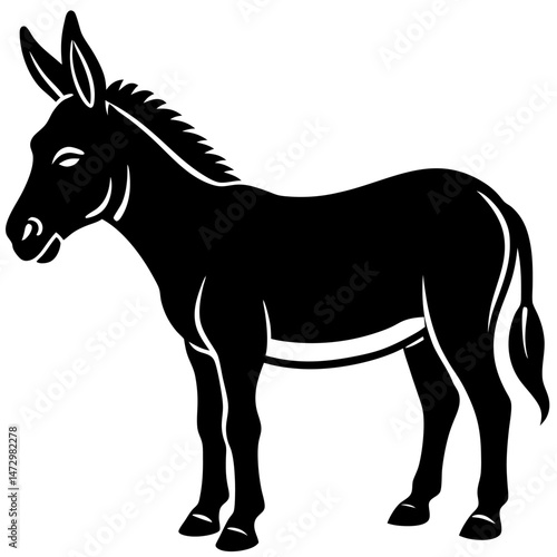 Donkey Silhouette: A strong and sturdy donkey, depicted in a classic black silhouette, stands proudly against a plain background. The image captures the donkey's characteristic features in a simple.