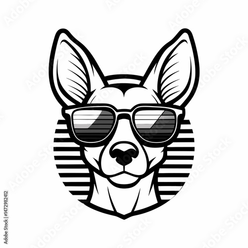 Cool Pup: A stylish pup confidently sports a pair of shades, embodying coolness in a sleek and modern monochrome illustration, ready to be featured in logo or print design
