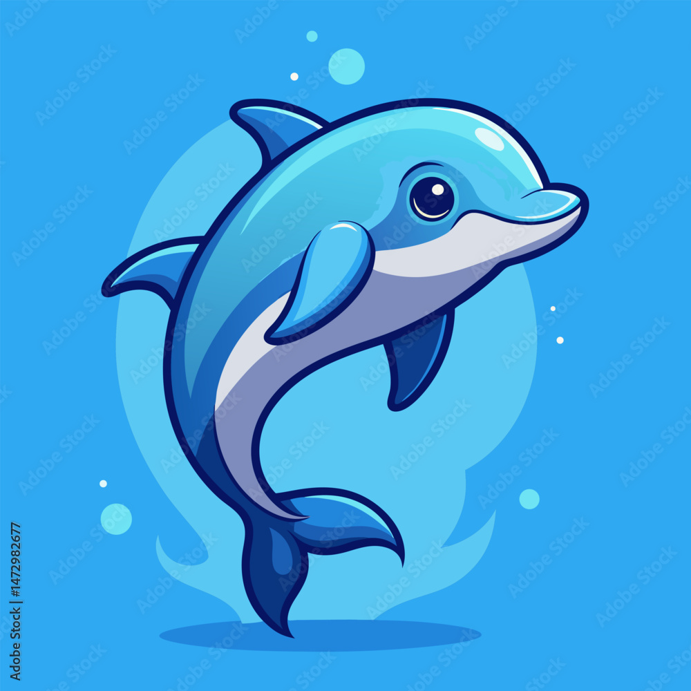 Fototapeta premium Dolphin Joy: A whimsical illustration showcases a joyful dolphin, leaping and playing in a vibrant ocean setting.