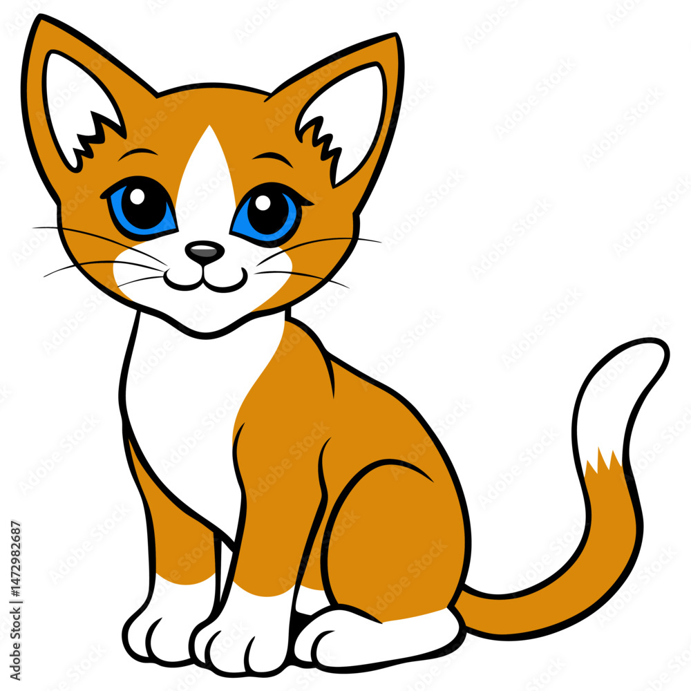 Obraz premium Cute Orange Kitten: An adorable cartoon illustration of an orange and white kitten with big blue eyes, sitting and looking cheerful.