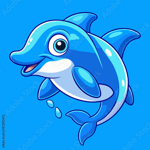 Playful Dolphin Illustration: A cheerful dolphin, with its sleek, azure skin and vibrant aquatic theme, leaps with unbridled joy against a captivating sea backdrop.