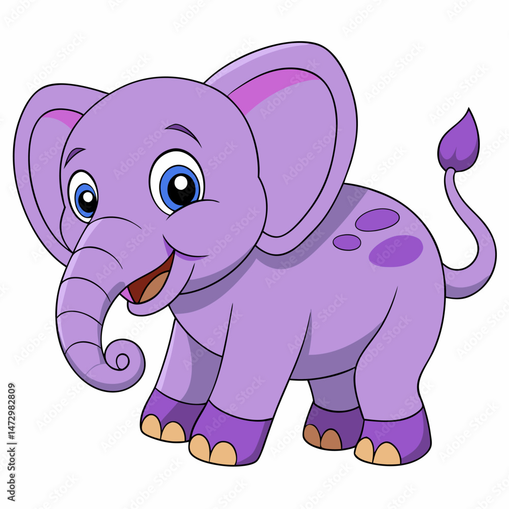Fototapeta premium Cute Lilac Elephant Cartoon: A cheerful cartoon of a purple elephant, exuding happiness and charm, is smiling, creating a vibrant and playful feeling, ready to bring joy and delight.