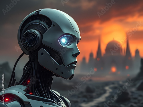 A humanoid robot with an empty, expressionless look stands against a futuristic background filled with cold lights and sleek, high-tech structures