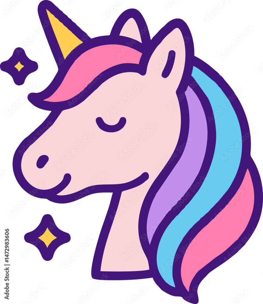 Fototapeta premium Unicorn Head with Colorful Mane in Pastel Naive Style – Transparent SVG Fantasy Character for Girls’ Mobile Games, Magical Pet Collectibles, and Fairytale Adventure Interfaces