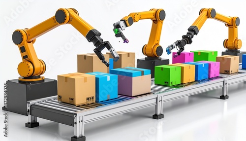 Production line Robotic arms arrange colorful boxes on a conveyor belt, efficiency and modern automation