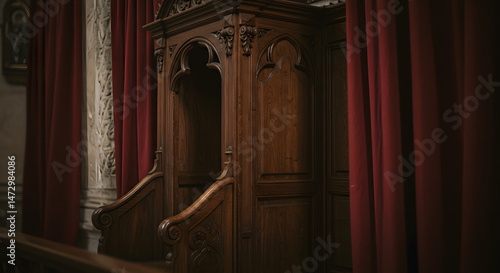 Wooden Confessional Booth with Red Curtains in a Church Interior Photography Capture