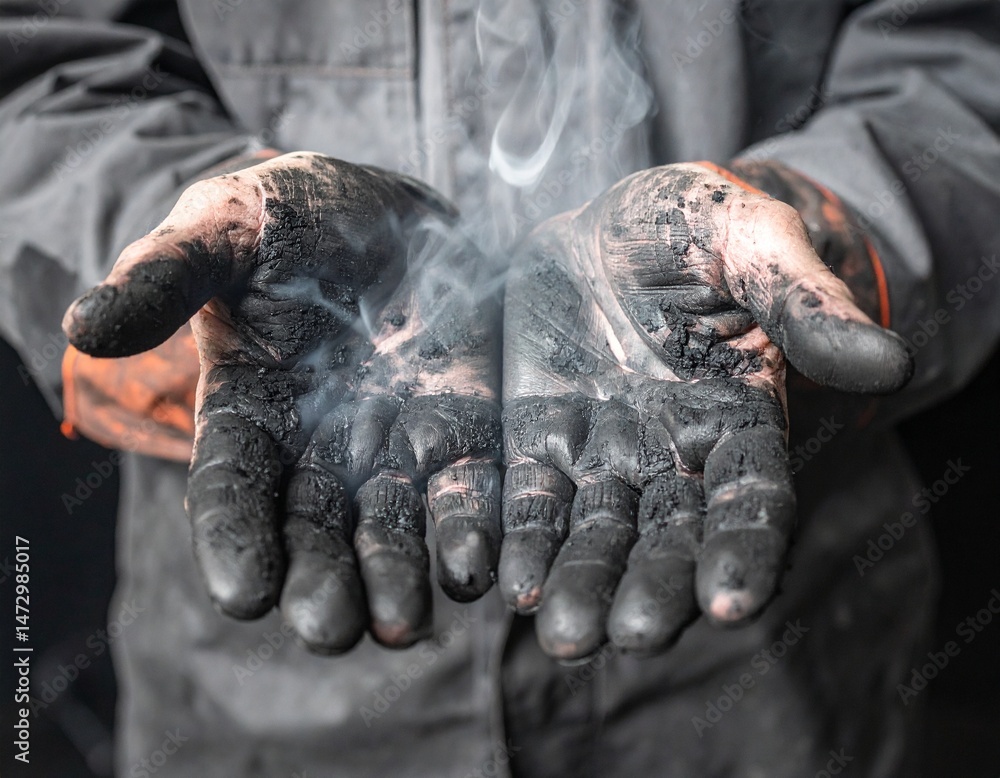 Obraz premium Soiled hands cradle smoke, possibly after an accident or hard labor with gray suit on a dark backdrop