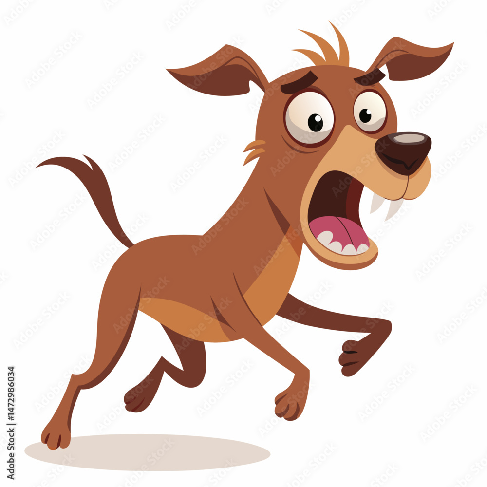 Alarmed Pup: A comical cartoon dog, with wide eyes and open mouth, runs in panic, capturing a moment of animated canine surprise. Alarmed Pup: A comical cartoon dog, with wide eyes and open mouth, runs in panic, capturing a moment of animated canine surprise.