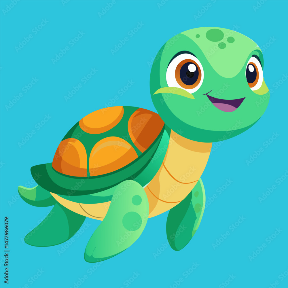 Fototapeta premium Happy Sea Turtle Cartoon: An adorable cartoon sea turtle with a bright smile and vibrant colors swims playfully against a cheerful blue background.