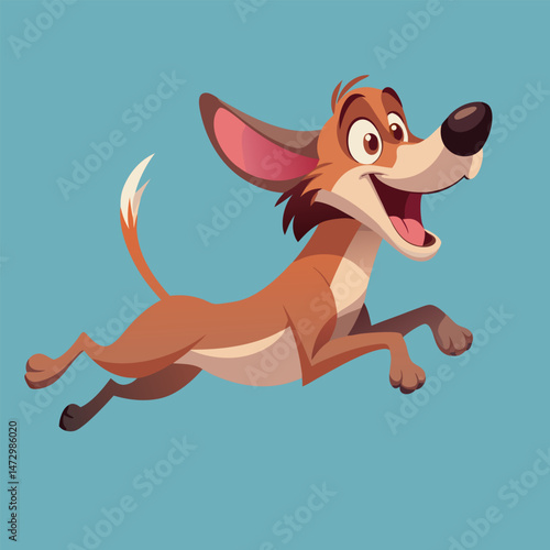 Happy Jumping Dog Illustration:  This playful cartoon illustration features a joyful dog leaping through the air with a wide, toothy grin and a wagging tail,  ready to bring a smile to anyone's face!