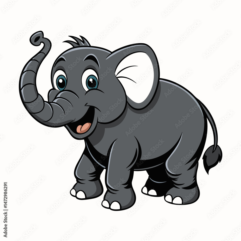 Naklejka premium Playful Elephant Illustration: A cheerful cartoon elephant radiates joy with its upturned trunk and expressive eyes, a playful presence ready to delight.