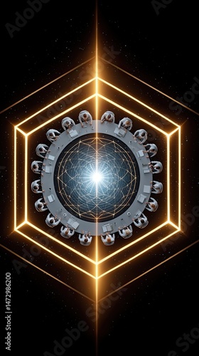 Worldwide AI governance and regulation visuals, Futuristic design featuring a glowing geometric pattern. Worldwide AI ethics in global technology governance