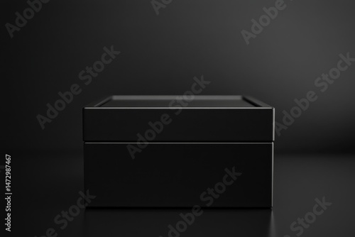 A sleek, black, rectangular box sits on a dark surface, subtly reflecting light