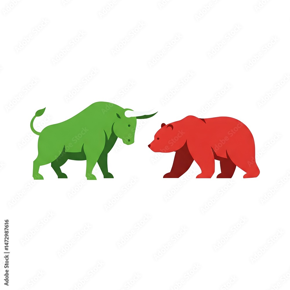 Fototapeta premium A vibrant green bull and a bold red bear face off against each other in a stylized illustration representing market trends stock trading and financial investment strategies. This captivating design sy