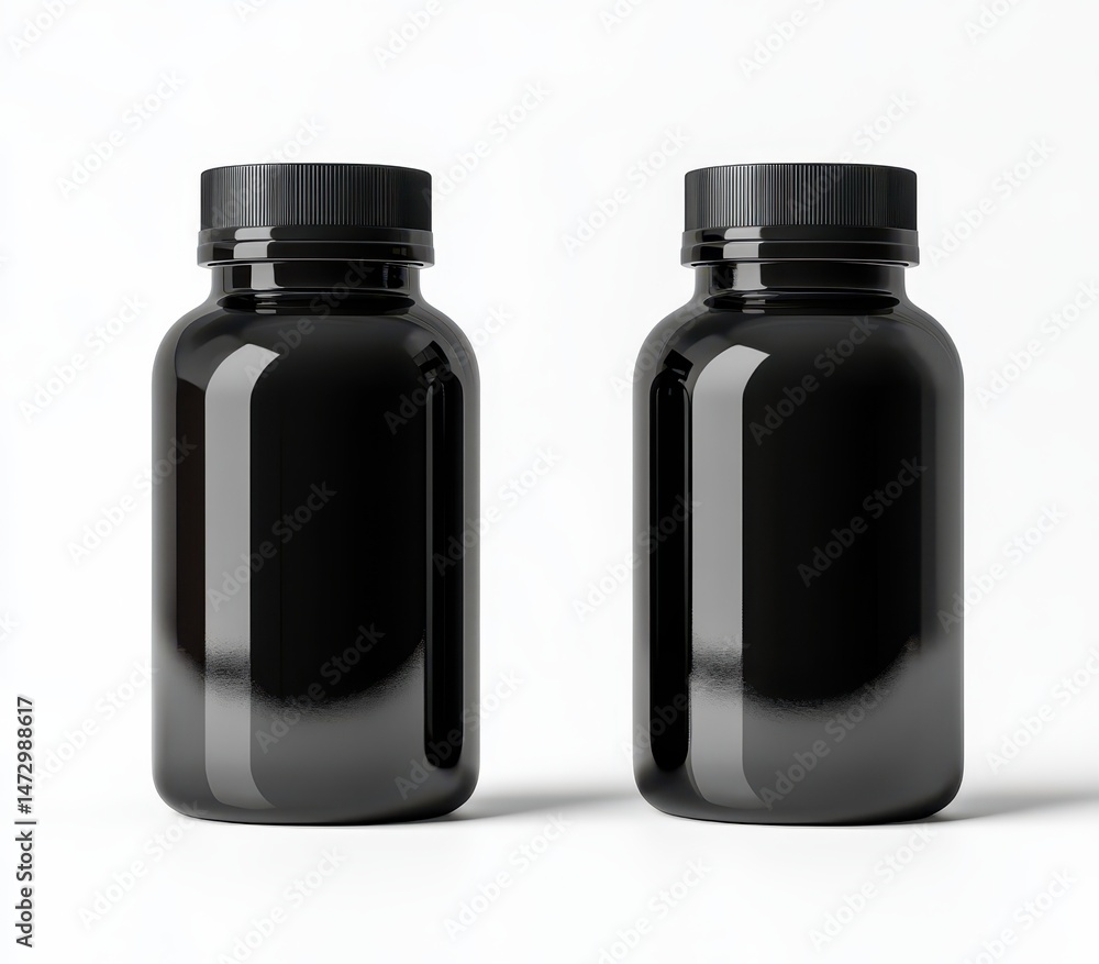 Two glossy black supplement bottles with black caps Two glossy black supplement bottles with black caps