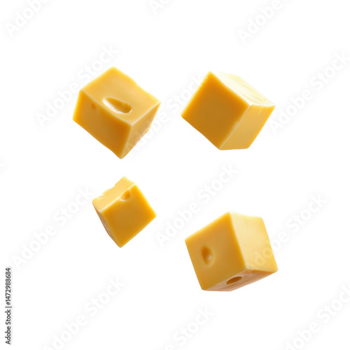 Four Cubes of Delicious Cheddar Cheese Falling on Transparent Background