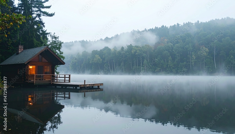 Fototapeta premium Cabin on the still lake with fog rising above a forest