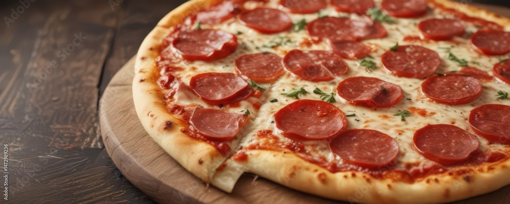 Savory pepperoni pizza on rustic wooden board, fresh, red Savory pepperoni pizza on rustic wooden board, fresh, red