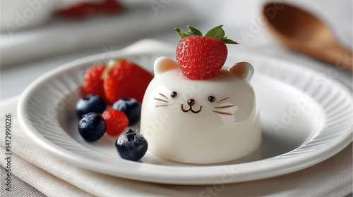 Adorable cat-shaped pudding with strawberries and blueberries