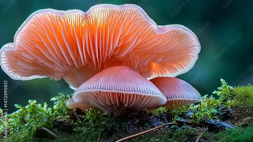 Enchanting Trio of Luminous Mushrooms Growing on Mossy Forest Floor Scenery Enchanting Trio of Luminous Mushrooms Growing on Mossy Forest Floor Scenery