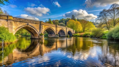 A serene panoramic view of the rippled River Derwent flowing beneath the historic Froggatt Bridge in Derbyshire, England