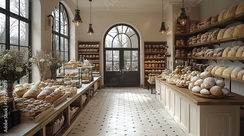 Sunlit bakery interior with various breads and pastries on display.