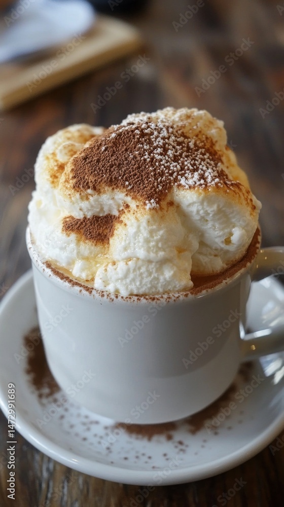 Warm Drink with Topped Whipped Cream and Cocoa Powder in White Mug Warm Drink with Topped Whipped Cream and Cocoa Powder in White Mug