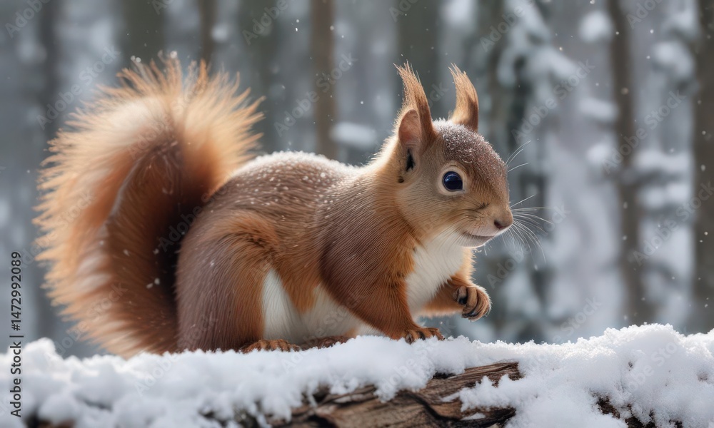 Tiny red squirrel amongst snow covered pines, light snowfall , wildlife, winter scene, mammal Tiny red squirrel amongst snow covered pines, light snowfall , wildlife, winter scene, mammal