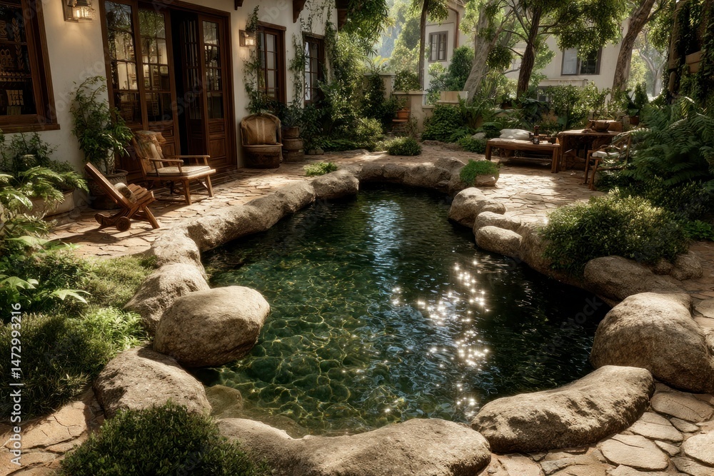 Naklejka premium Serene Garden Oasis with Lush Greenery and Sparkling Pond Ideal for Relaxation and Outdoor Liv