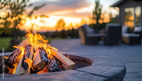 Outdoor fire pit at sunset.  Cozy ambiance
