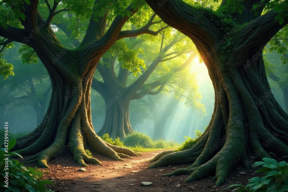 Naklejka premium Ancient trees, tangled roots, dappled sunlight, growth, tropical, detail