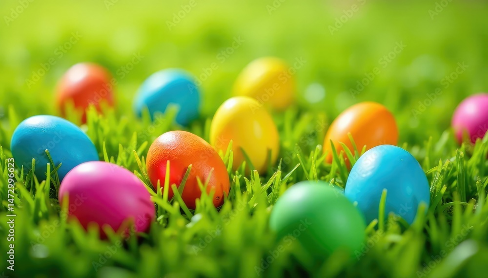 Brightly colored eggs scattered on green grass , hunt, red, Easter eggs hunt Brightly colored eggs scattered on green grass , hunt, red, Easter eggs hunt