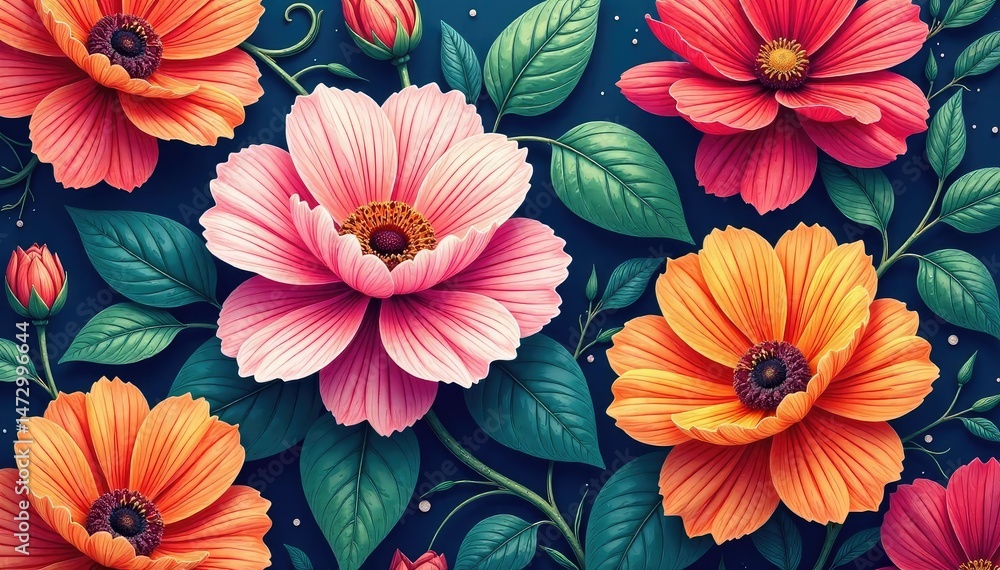 custom made wallpaper toronto digitalBold, vibrant floral textile print with large blooms, vibrant, bright, fabric