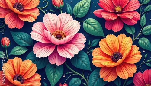Wallpaper Mural Bold, vibrant floral textile print with large blooms, vibrant, bright, fabric Torontodigital.ca