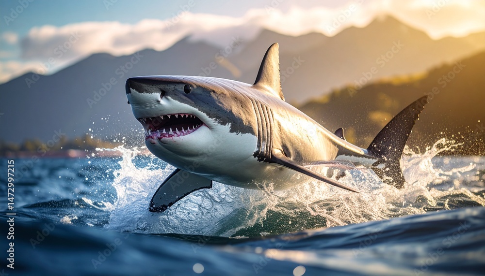 Fototapeta premium Shark leaps, showcasing teeth in splashy sea; mountains backdrop the scene under a bright sky
