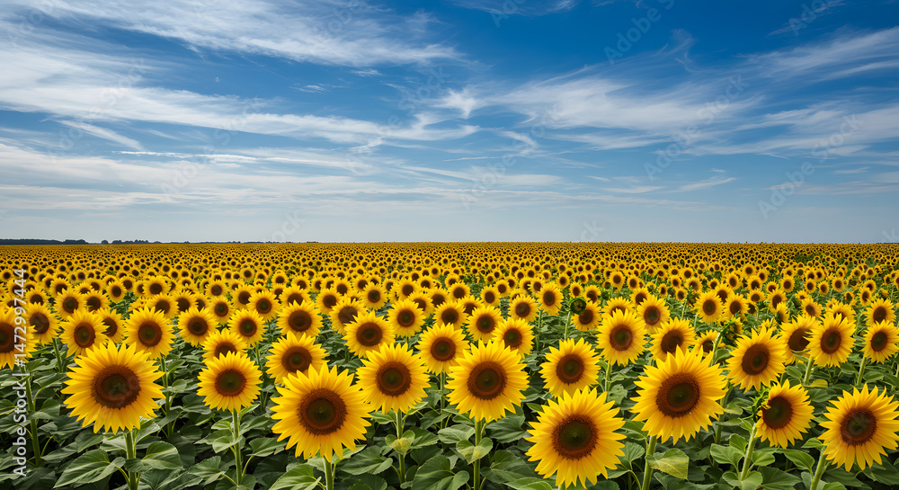 Fototapeta premium Vibrant Sunflower Field Under a Beautiful Blue Sky A Summer Landscape on the Horizon