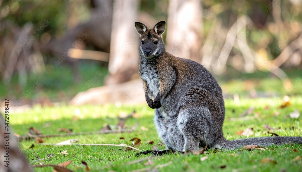 Obraz premium Wallaby sits upright on grassy ground with trees and foliage in the soft, diffused sunlight